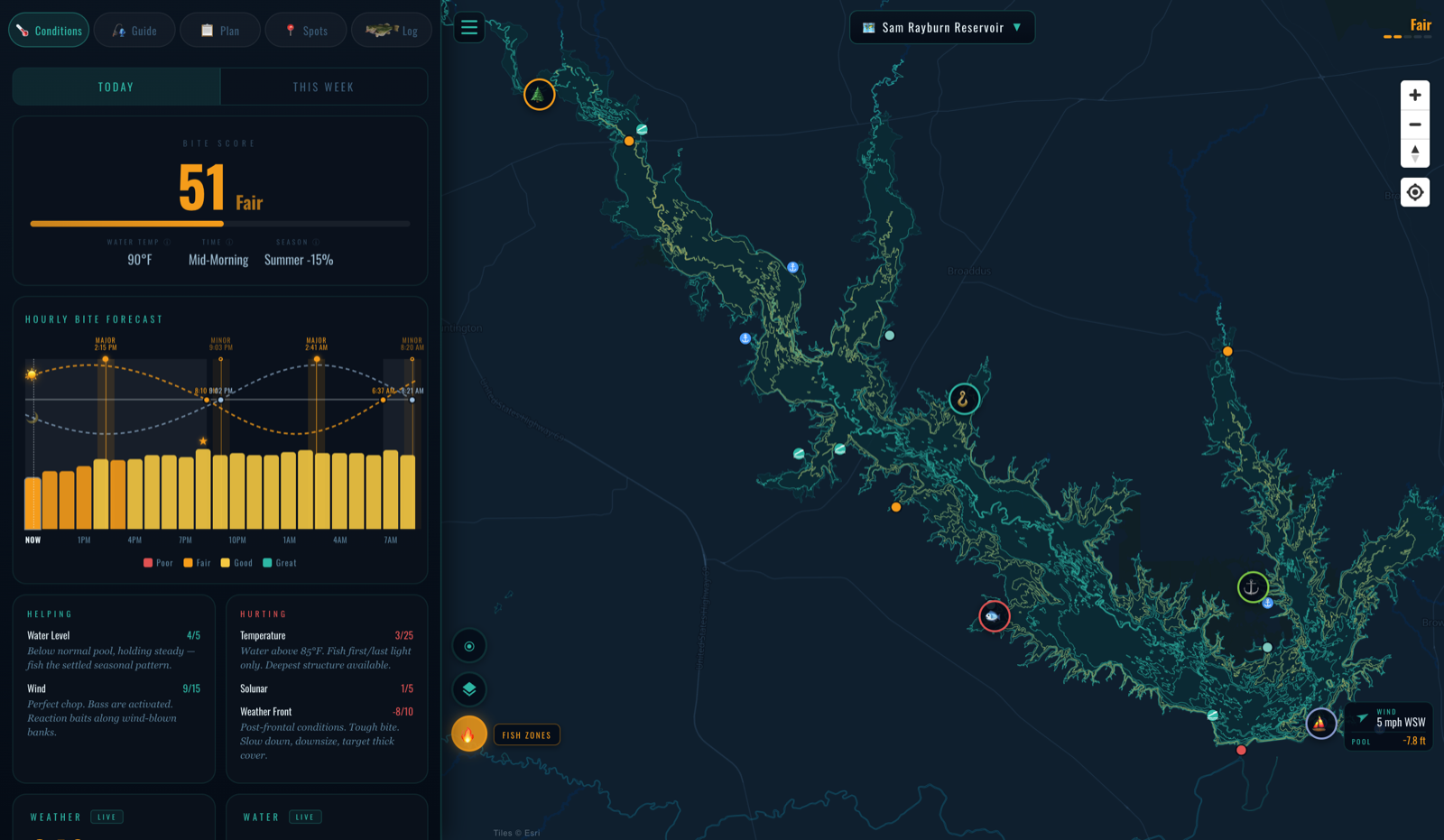 Live conditions and hourly bite forecast — Sam Rayburn Reservoir, Texas
