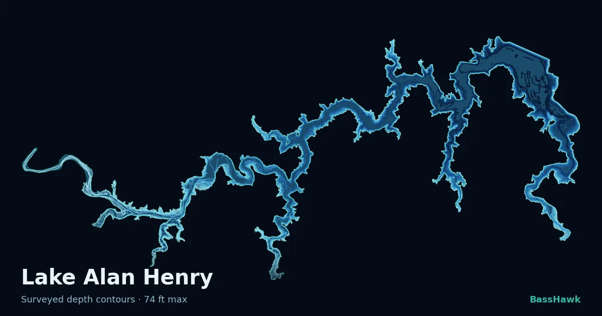 Lake Alan Henry depth contours — shallow flats bright, the creek channel and deep basin dark