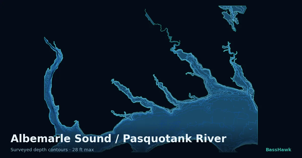 Albemarle Sound / Pasquotank River depth contours — shallow flats bright, the creek channel and deep basin dark