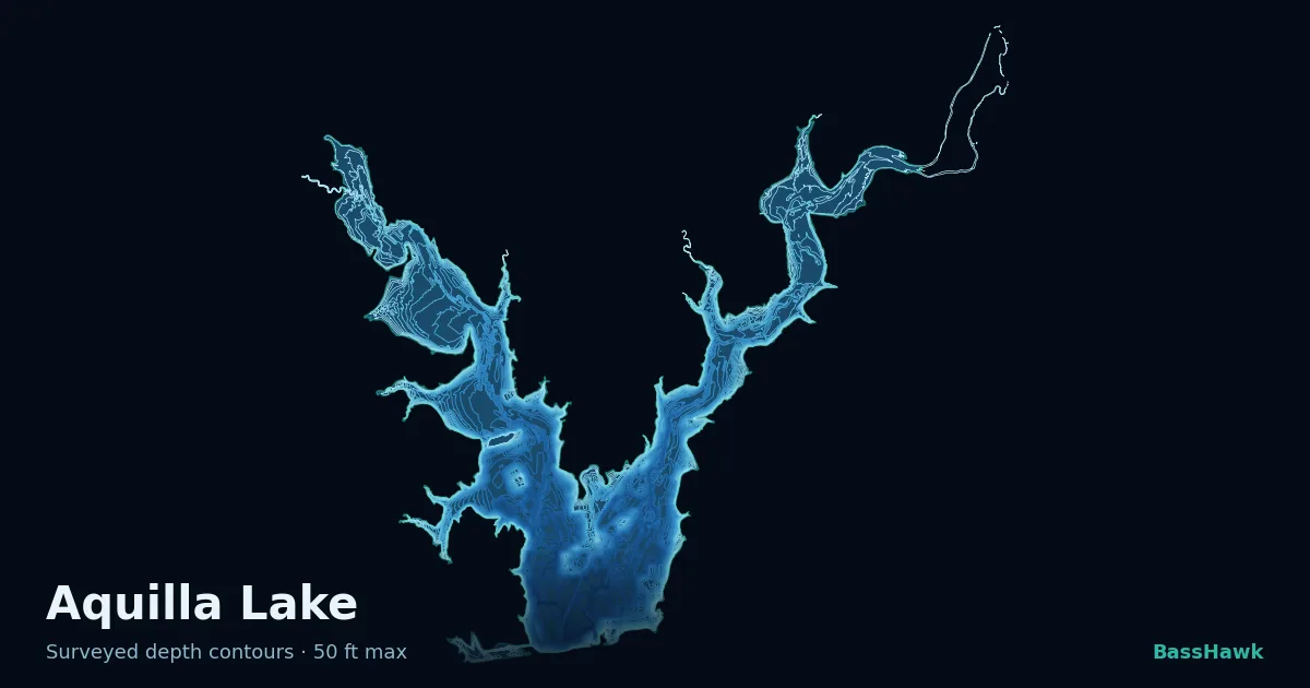 Aquilla Lake depth contours — shallow flats bright, the creek channel and deep basin dark
