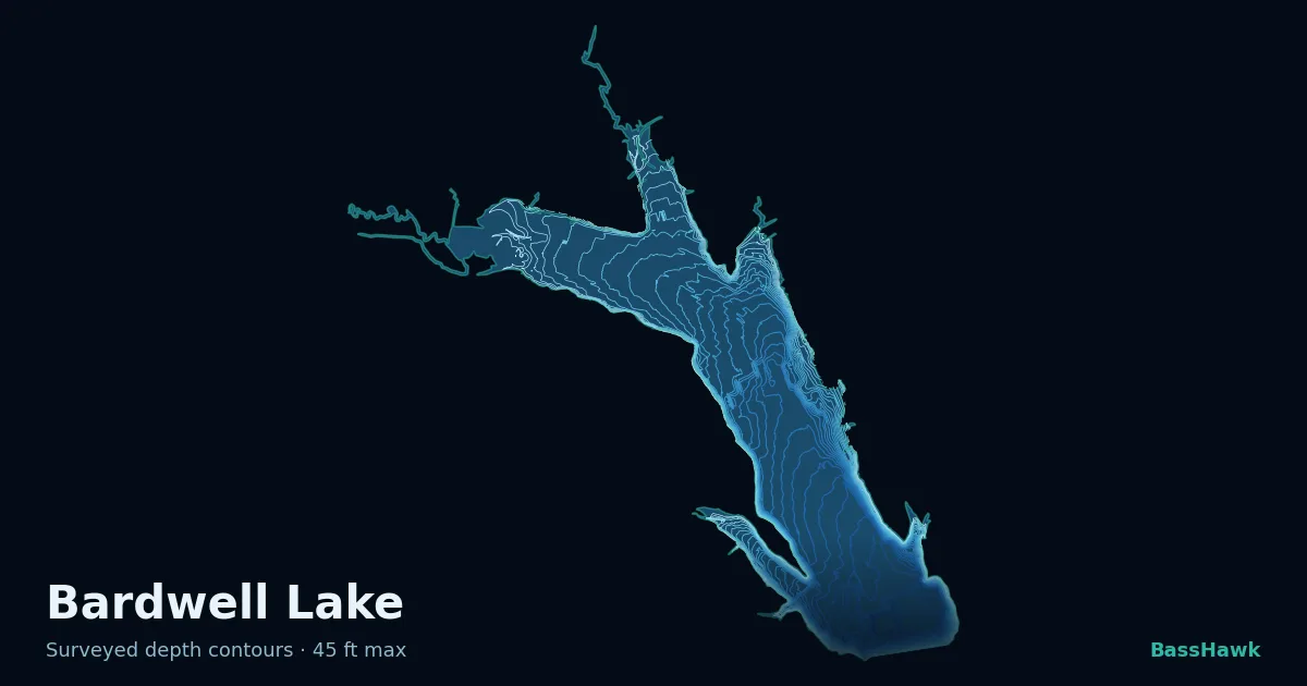 Bardwell Lake depth contours — shallow flats bright, the creek channel and deep basin dark