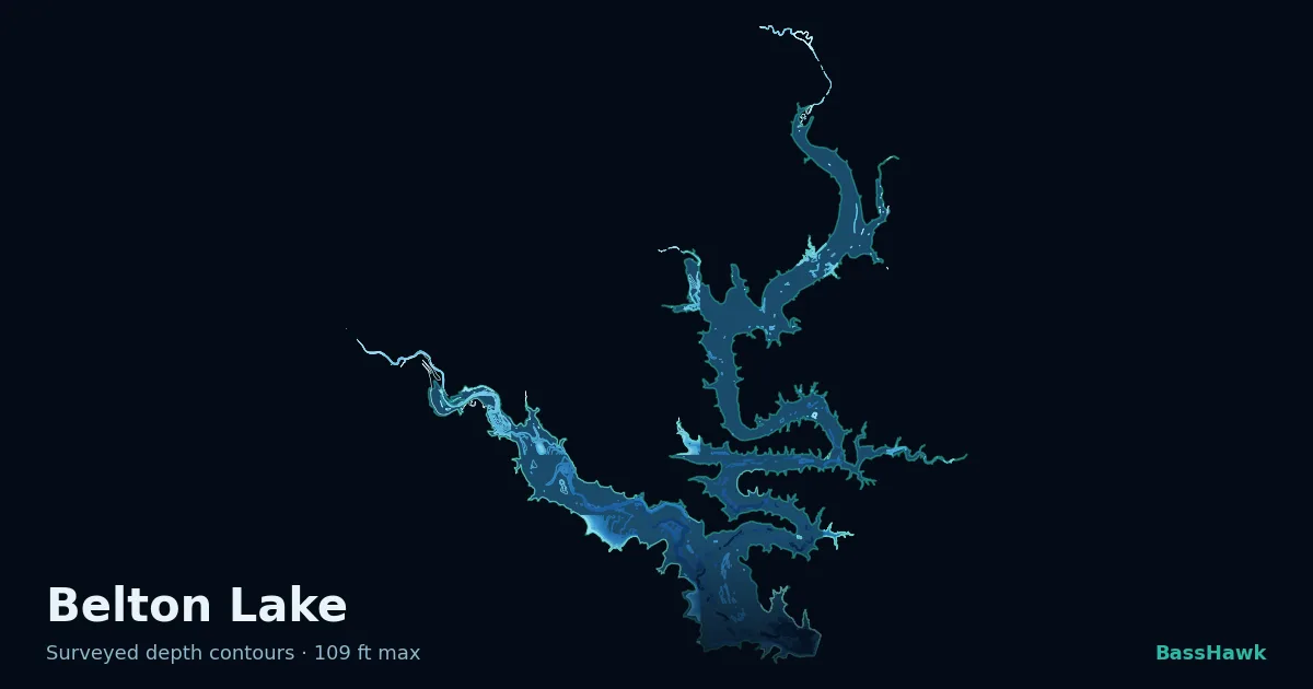 Belton Lake depth contours — shallow flats bright, the creek channel and deep basin dark