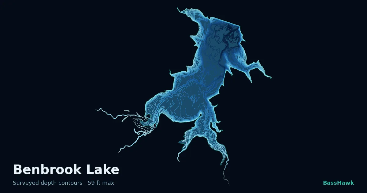 Benbrook Lake depth contours — shallow flats bright, the creek channel and deep basin dark