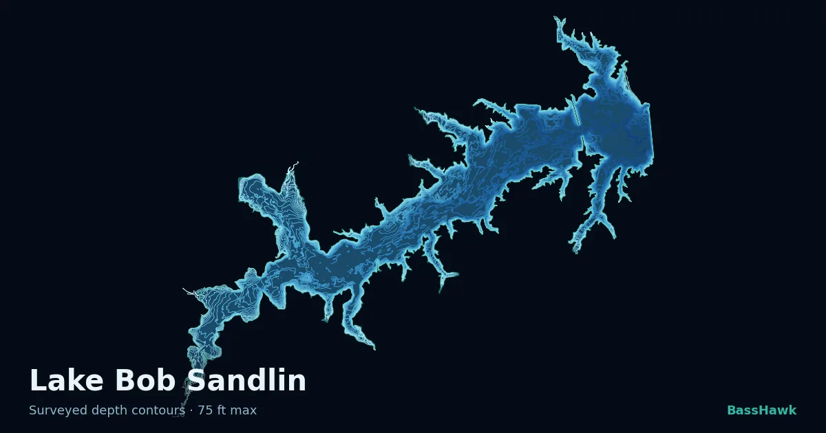 Lake Bob Sandlin depth contours — shallow flats bright, the creek channel and deep basin dark