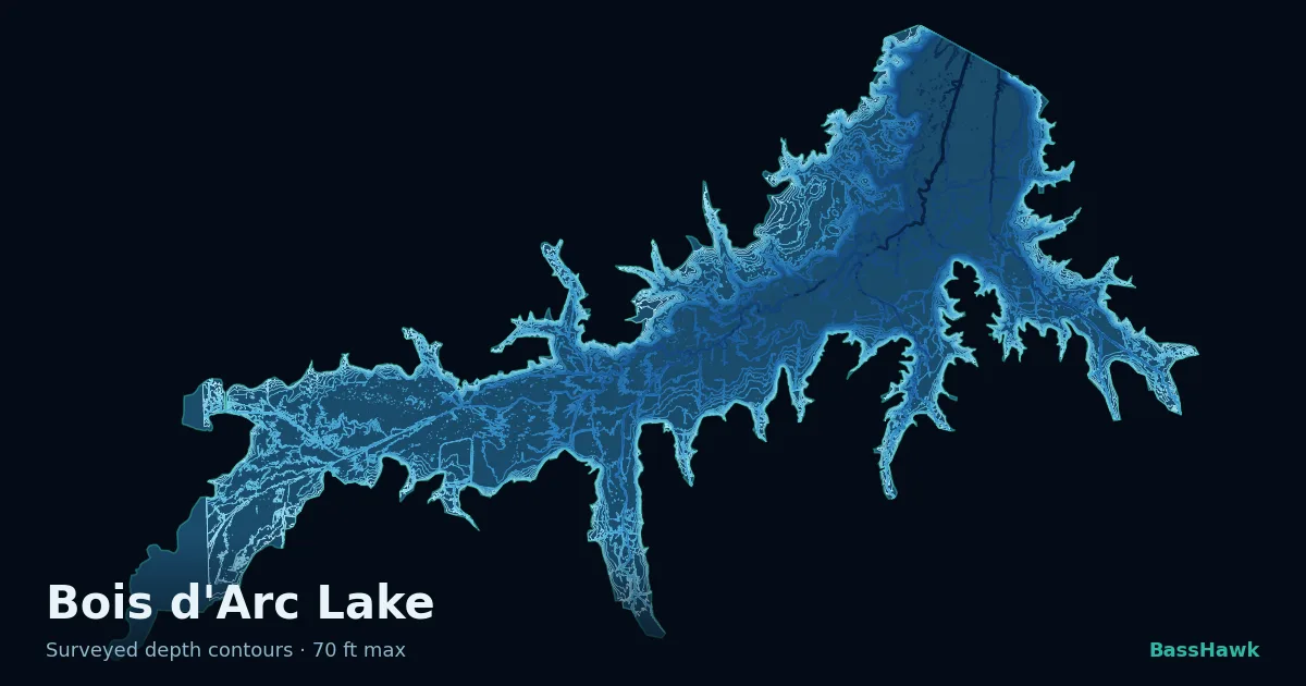 Bois d'Arc Lake depth contours — shallow flats bright, the creek channel and deep basin dark