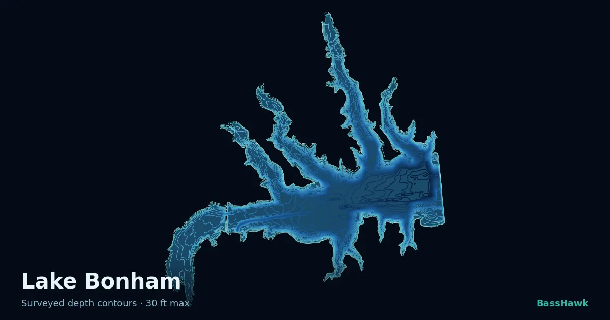 Lake Bonham depth contours — shallow flats bright, the creek channel and deep basin dark