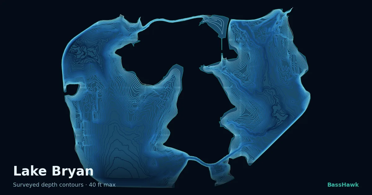 Lake Bryan depth contours — shallow flats bright, the creek channel and deep basin dark