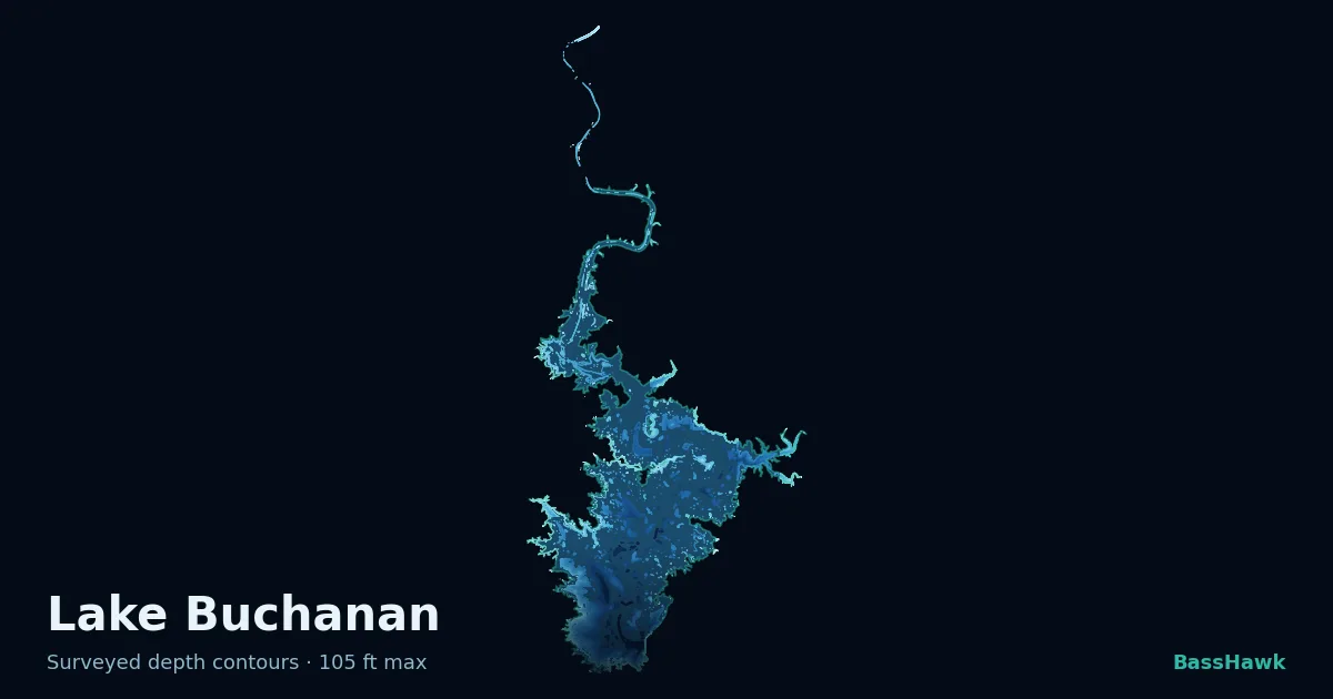 Lake Buchanan depth contours — shallow flats bright, the creek channel and deep basin dark