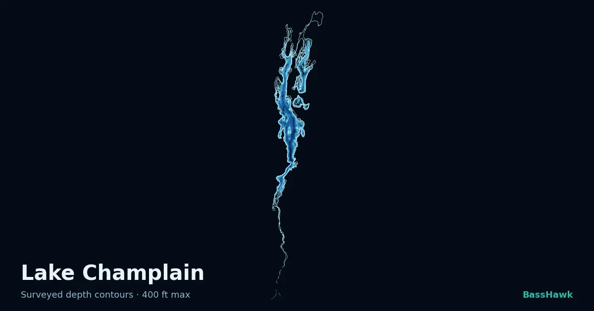 Lake Champlain depth contours — shallow flats bright, the creek channel and deep basin dark
