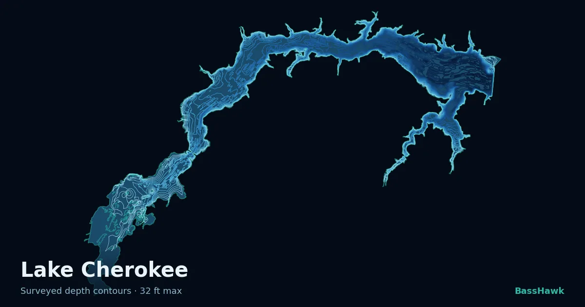 Lake Cherokee depth contours — shallow flats bright, the creek channel and deep basin dark