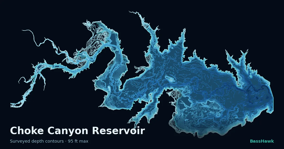 Choke Canyon Reservoir depth contours — shallow flats bright, the creek channel and deep basin dark