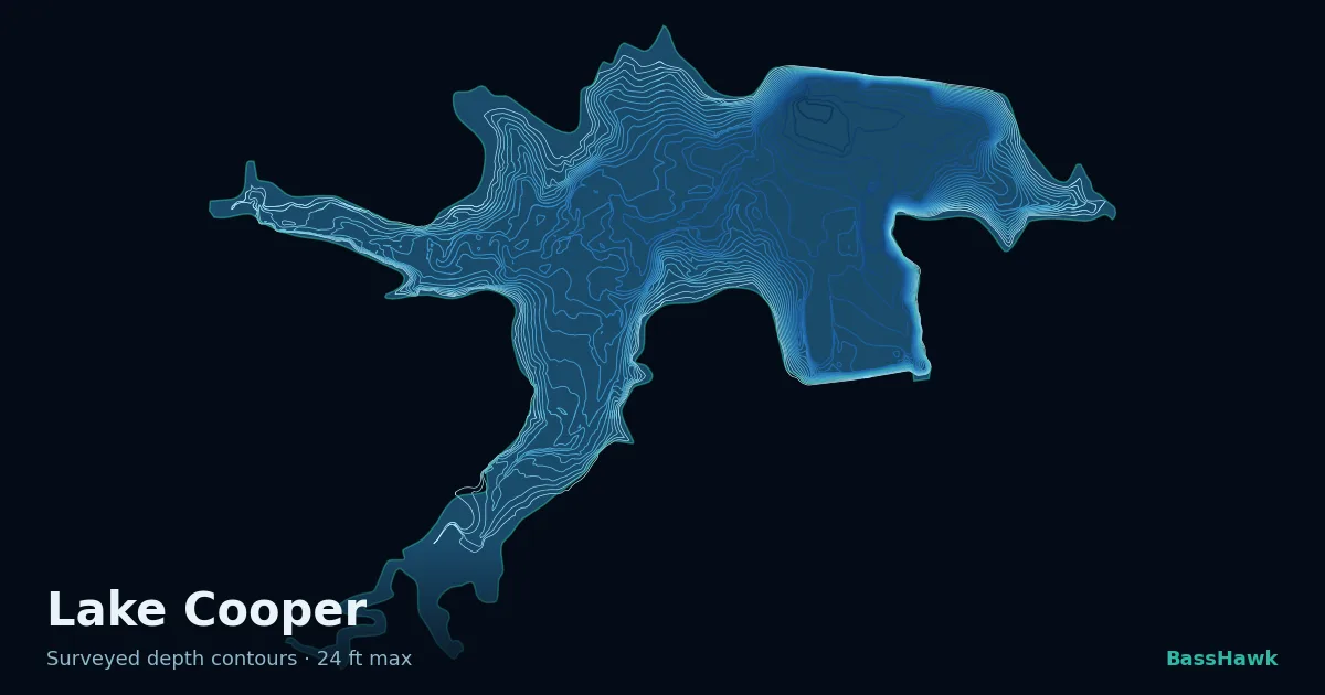 Lake Cooper depth contours — shallow flats bright, the creek channel and deep basin dark