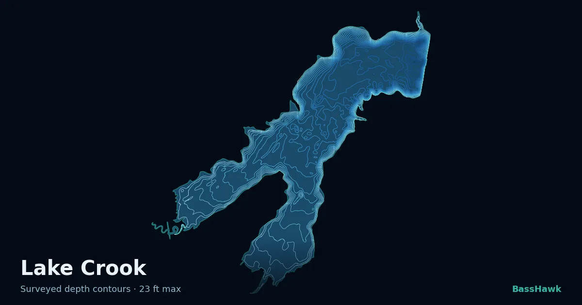 Lake Crook depth contours — shallow flats bright, the creek channel and deep basin dark