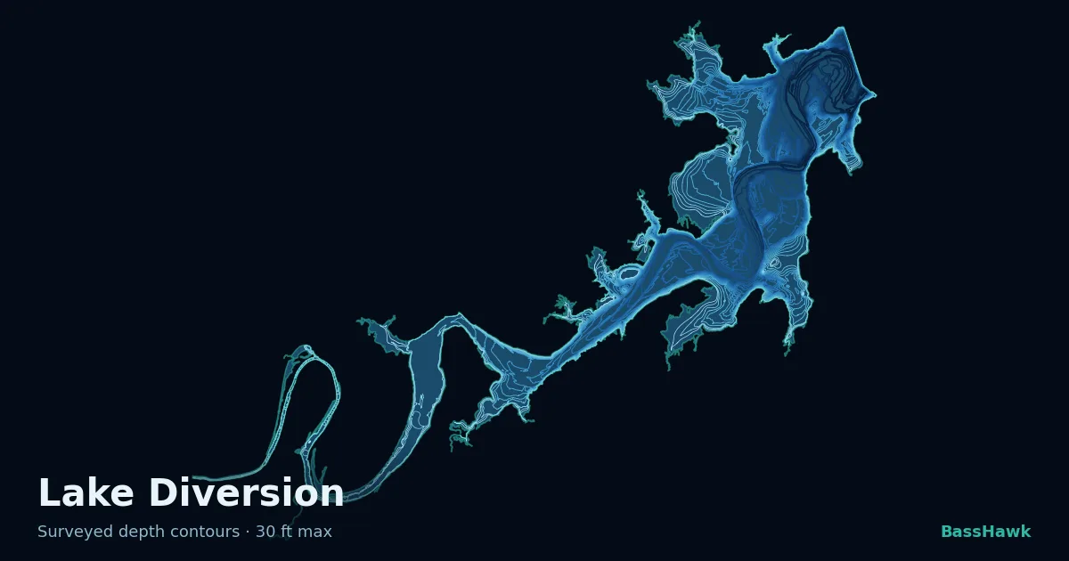 Lake Diversion depth contours — shallow flats bright, the creek channel and deep basin dark
