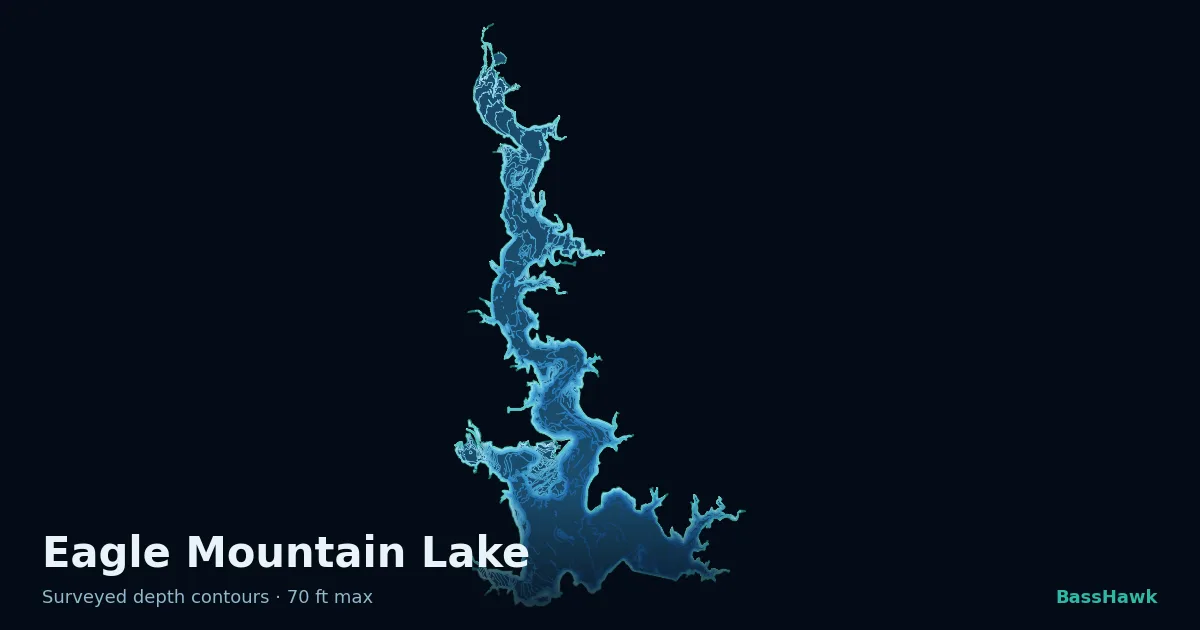Eagle Mountain Lake depth contours — shallow flats bright, the creek channel and deep basin dark