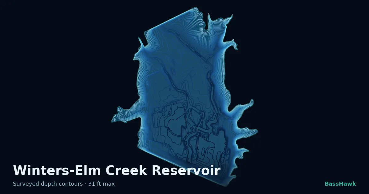 Winters-Elm Creek Reservoir depth contours — shallow flats bright, the creek channel and deep basin dark