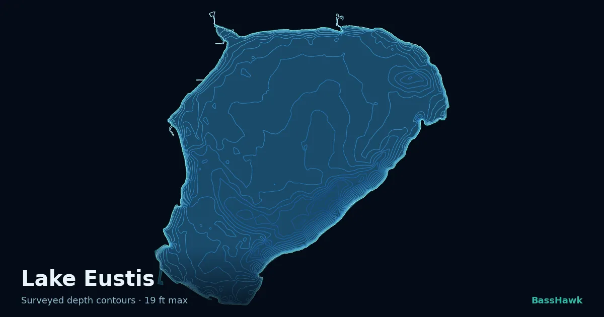 Lake Eustis depth contours — shallow flats bright, the creek channel and deep basin dark