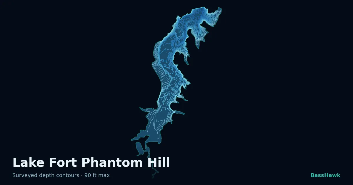 Lake Fort Phantom Hill depth contours — shallow flats bright, the creek channel and deep basin dark