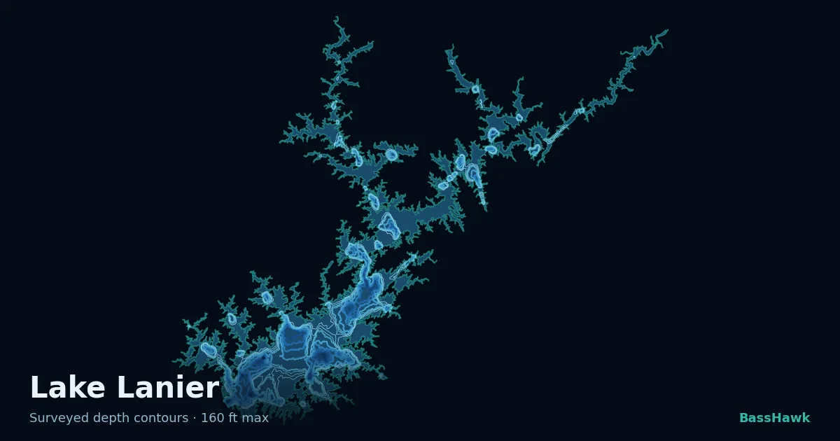 Lake Lanier depth contours — shallow flats bright, the creek channel and deep basin dark
