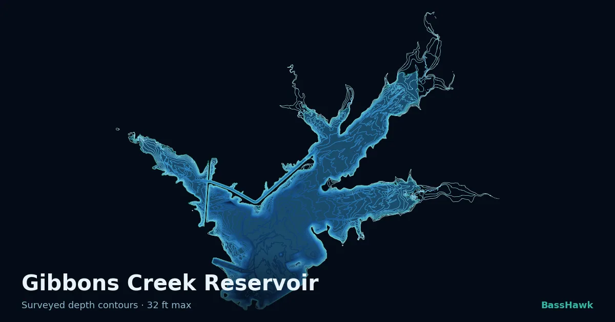 Gibbons Creek Reservoir depth contours — shallow flats bright, the creek channel and deep basin dark