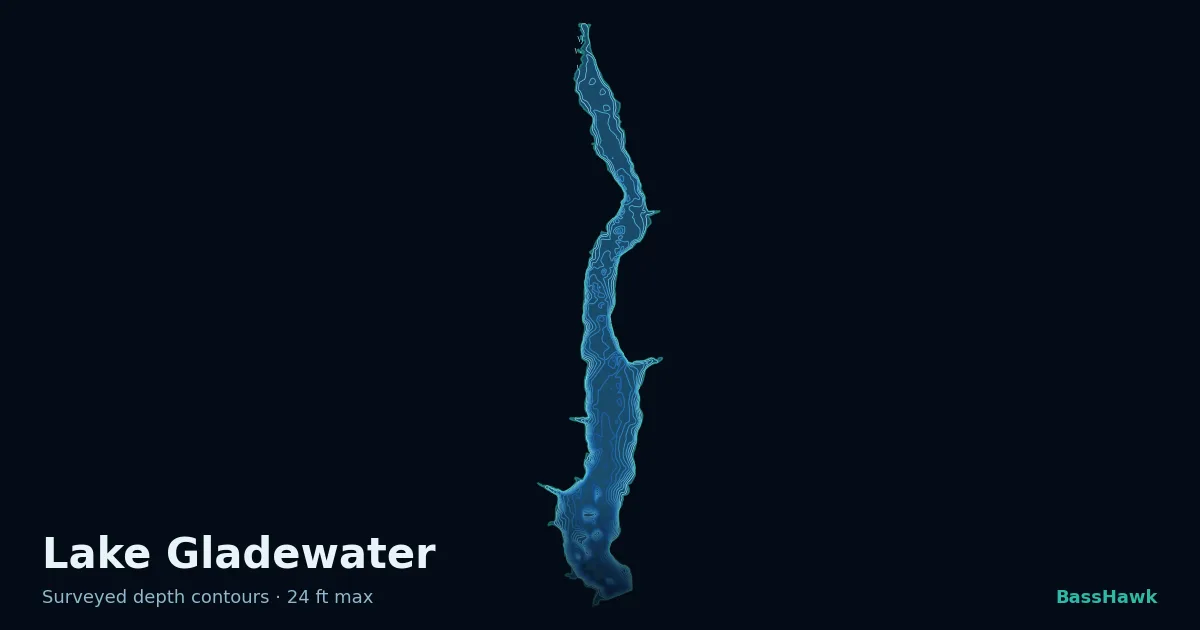 Lake Gladewater depth contours — shallow flats bright, the creek channel and deep basin dark