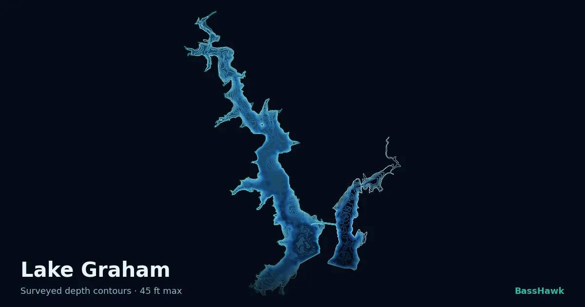 Lake Graham depth contours — shallow flats bright, the creek channel and deep basin dark