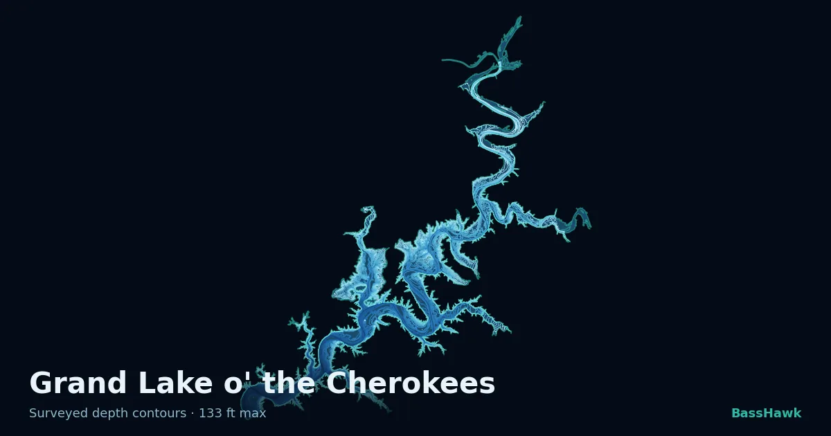 Grand Lake o' the Cherokees depth contours — shallow flats bright, the creek channel and deep basin dark
