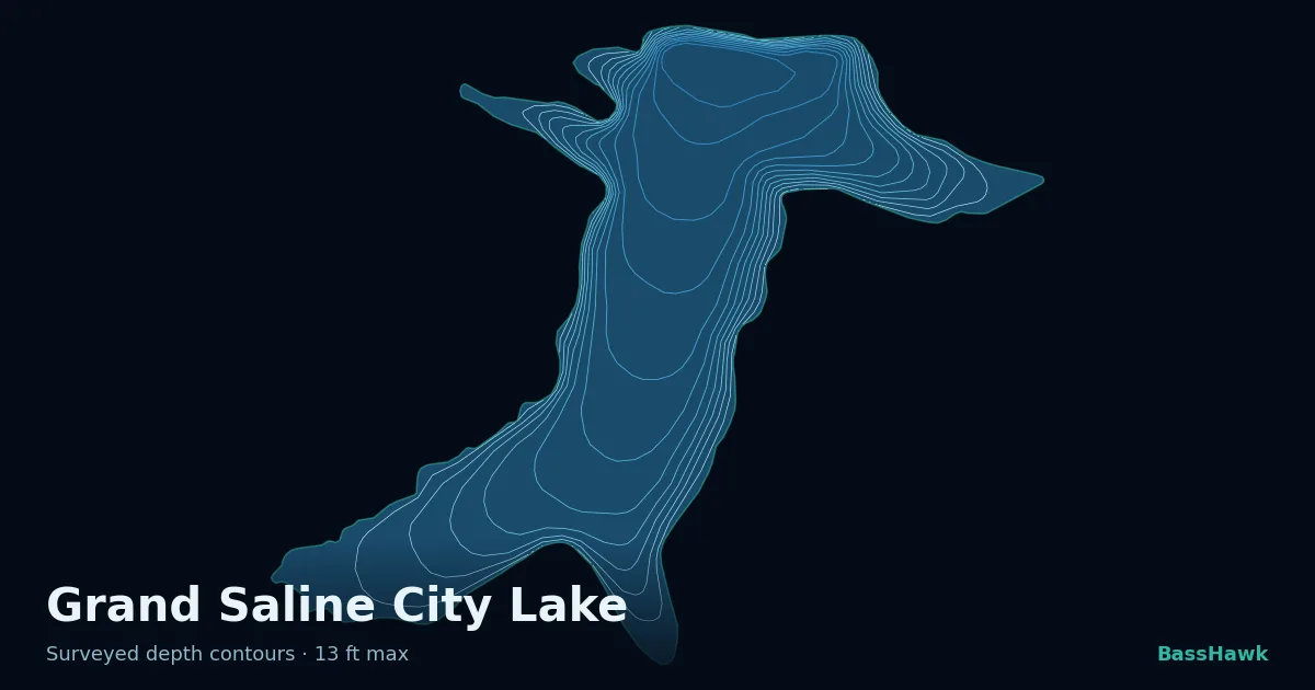 Grand Saline City Lake depth contours — shallow flats bright, the creek channel and deep basin dark