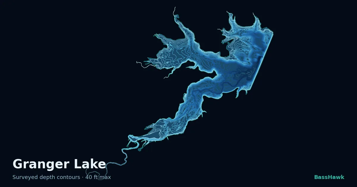 Granger Lake depth contours — shallow flats bright, the creek channel and deep basin dark