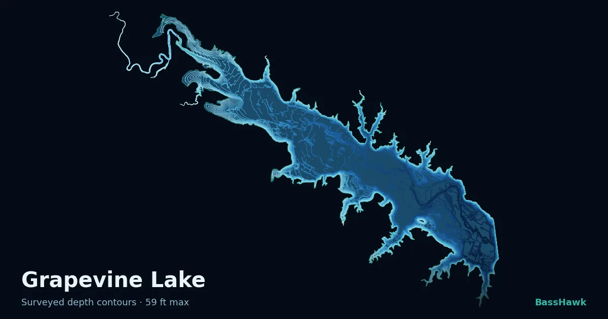 Grapevine Lake depth contours — shallow flats bright, the creek channel and deep basin dark
