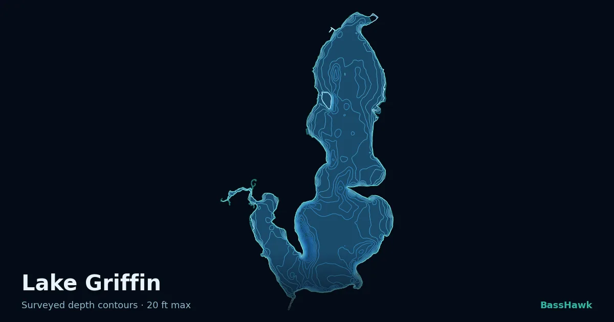 Lake Griffin depth contours — shallow flats bright, the creek channel and deep basin dark