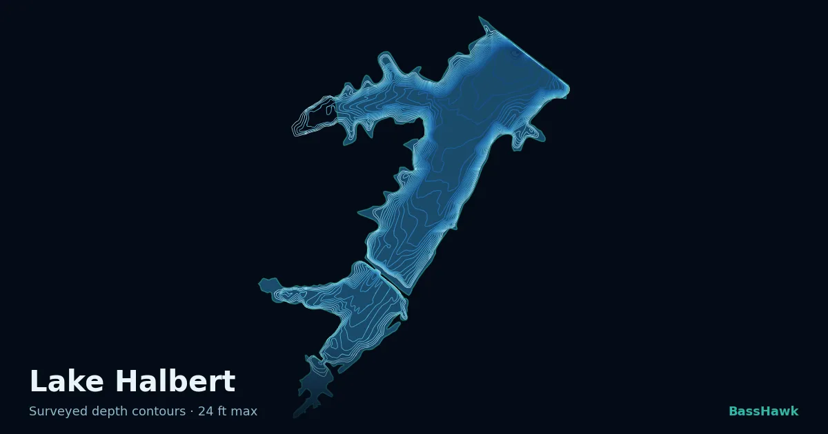 Lake Halbert depth contours — shallow flats bright, the creek channel and deep basin dark