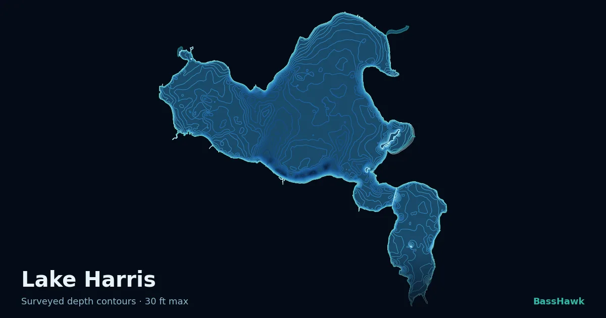 Lake Harris depth contours — shallow flats bright, the creek channel and deep basin dark