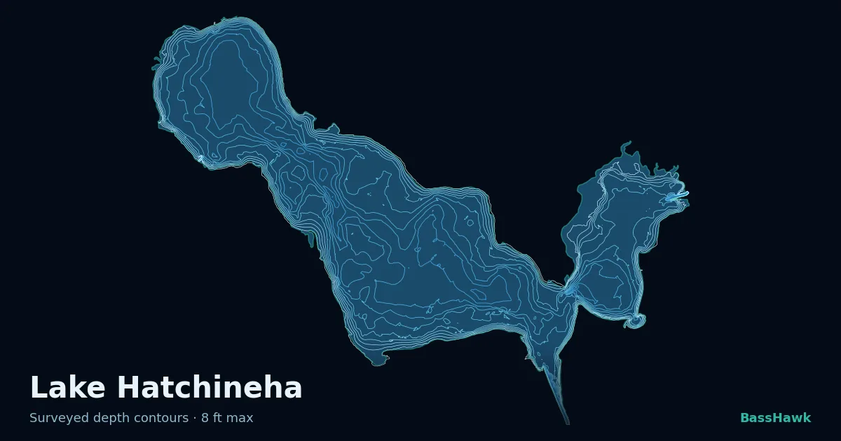 Lake Hatchineha depth contours — shallow flats bright, the creek channel and deep basin dark