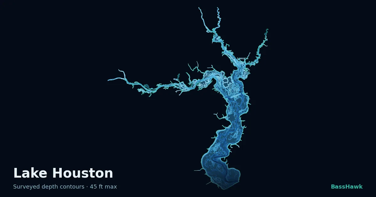 Lake Houston depth contours — shallow flats bright, the creek channel and deep basin dark