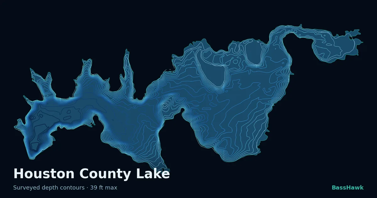 Houston County Lake depth contours — shallow flats bright, the creek channel and deep basin dark