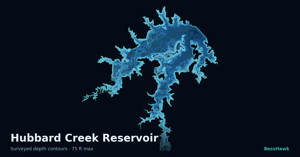 Hubbard Creek Reservoir depth contours — shallow flats bright, the creek channel and deep basin dark
