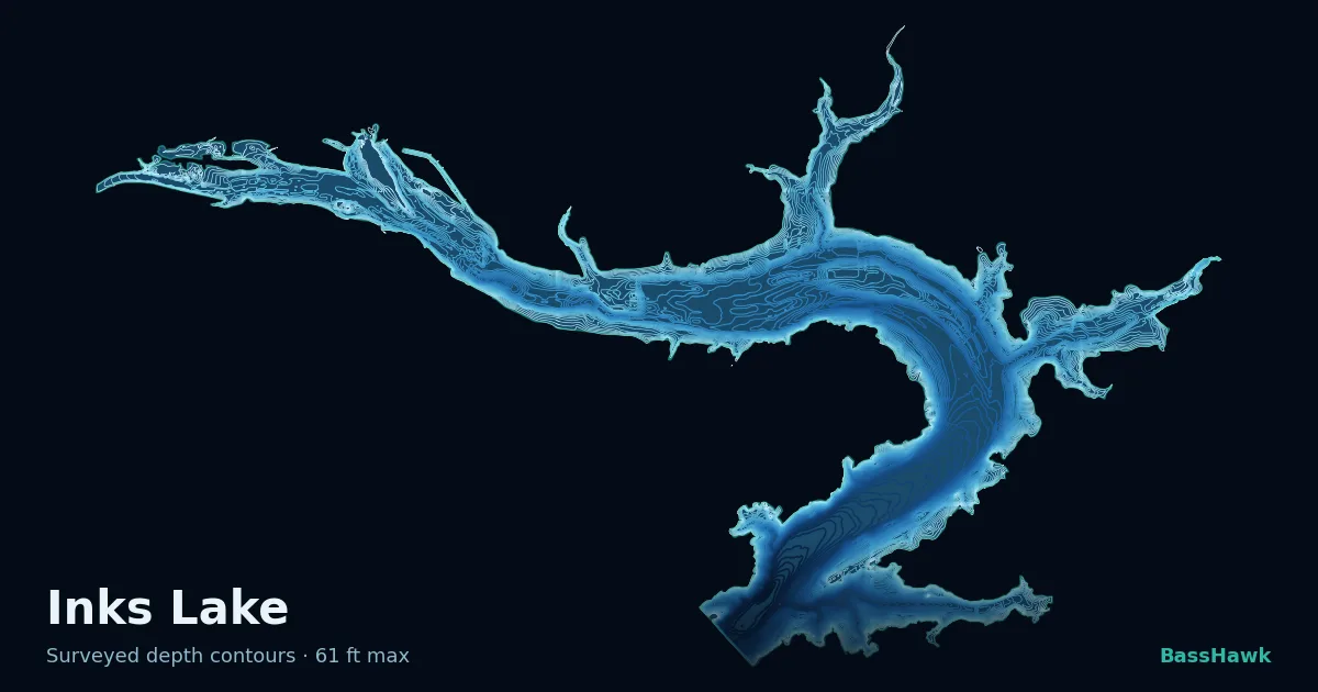 Inks Lake depth contours — shallow flats bright, the creek channel and deep basin dark
