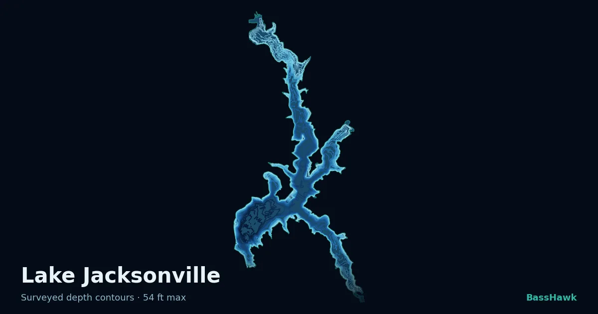 Lake Jacksonville depth contours — shallow flats bright, the creek channel and deep basin dark