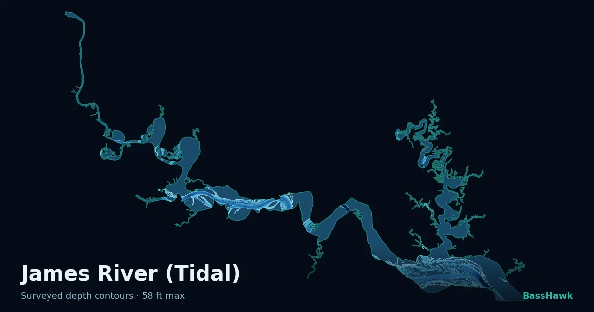 James River (Tidal) depth contours — shallow flats bright, the creek channel and deep basin dark