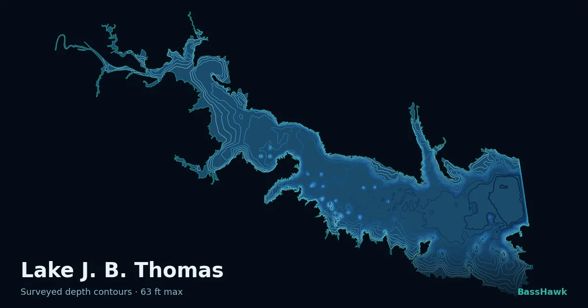 Lake J. B. Thomas depth contours — shallow flats bright, the creek channel and deep basin dark