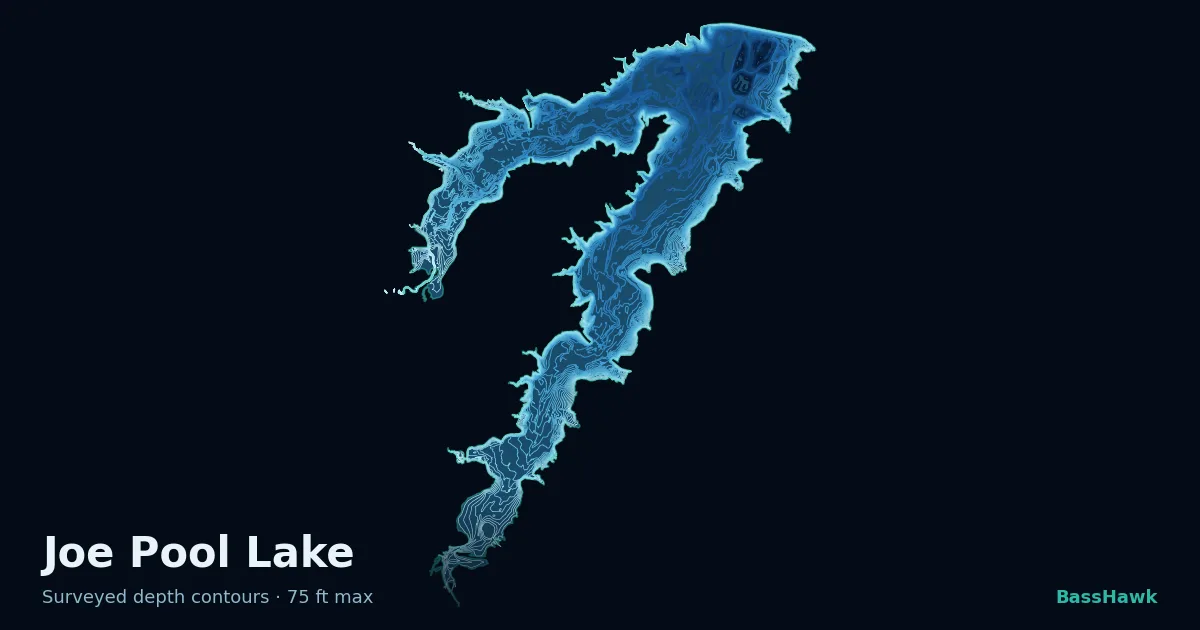 Joe Pool Lake depth contours — shallow flats bright, the creek channel and deep basin dark