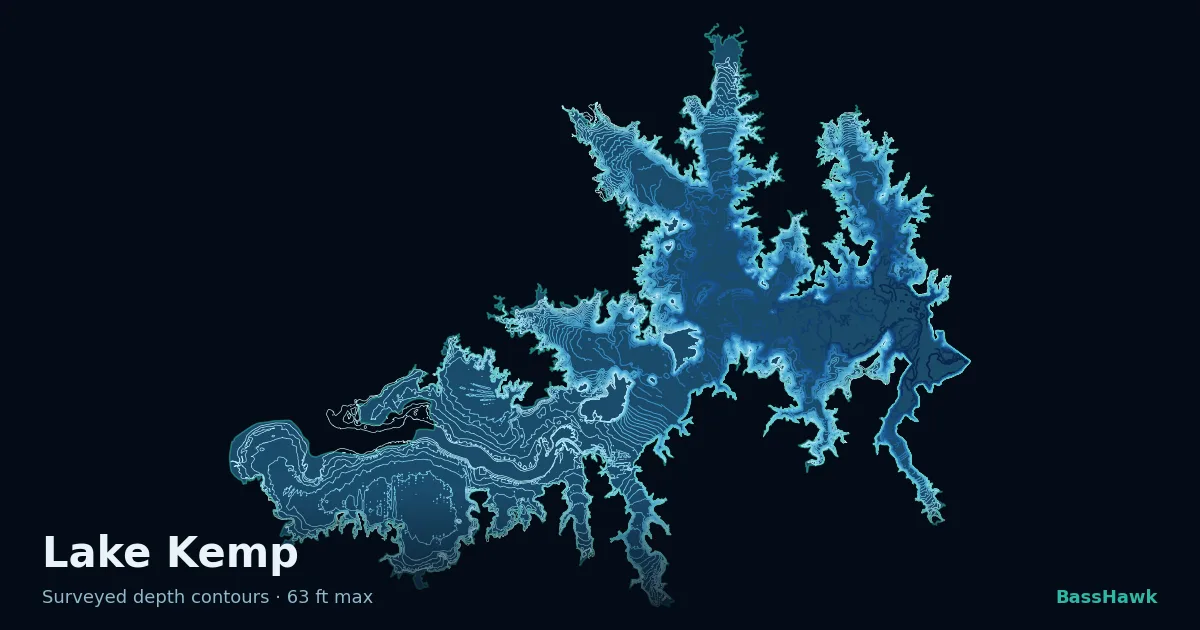 Lake Kemp depth contours — shallow flats bright, the creek channel and deep basin dark
