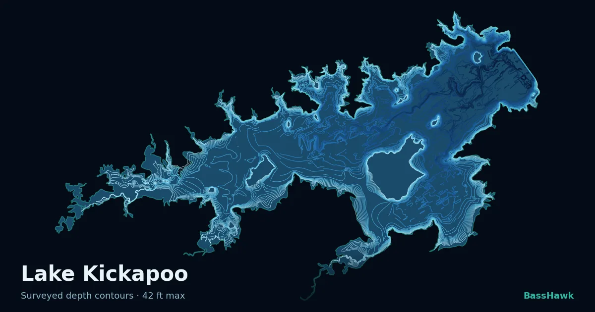 Lake Kickapoo depth contours — shallow flats bright, the creek channel and deep basin dark