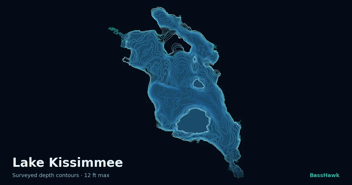 Lake Kissimmee depth contours — shallow flats bright, the creek channel and deep basin dark