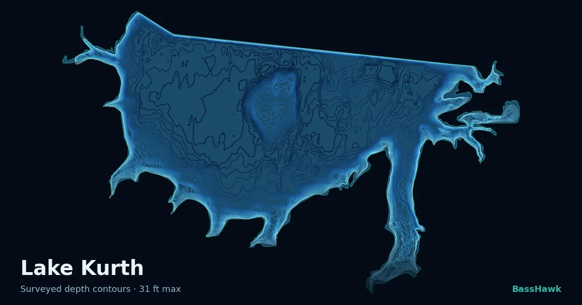 Lake Kurth depth contours — shallow flats bright, the creek channel and deep basin dark