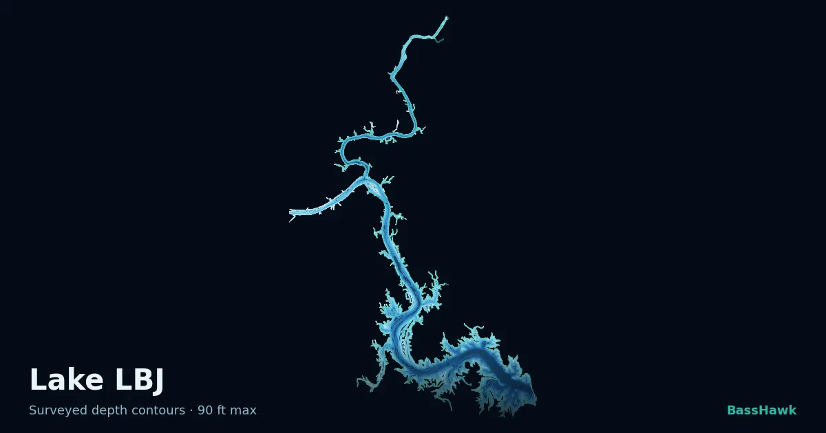 Lake LBJ depth contours — shallow flats bright, the creek channel and deep basin dark