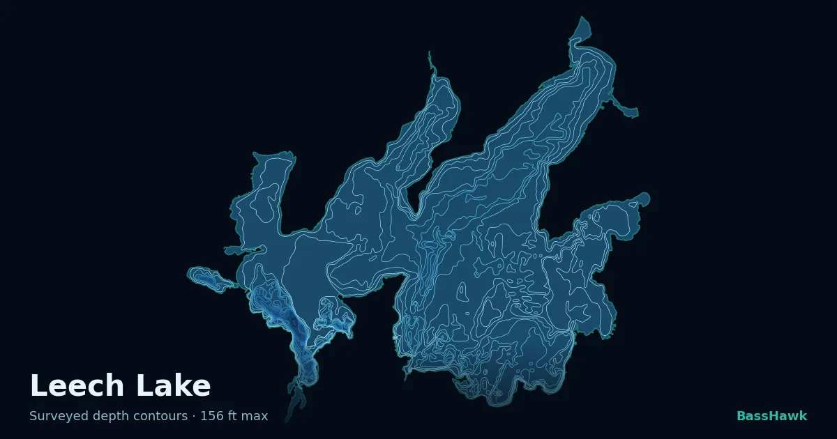 Leech Lake depth contours — shallow flats bright, the creek channel and deep basin dark