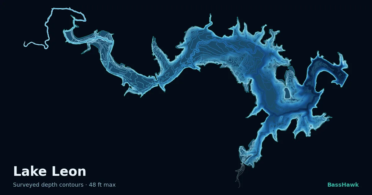 Lake Leon depth contours — shallow flats bright, the creek channel and deep basin dark