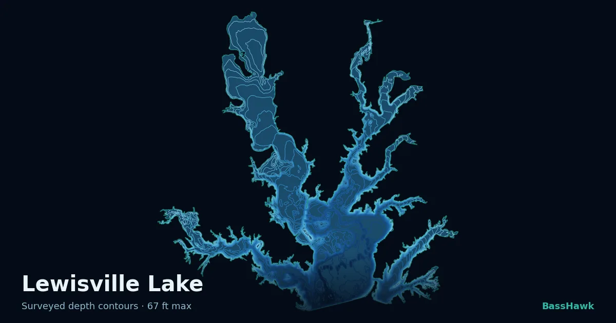 Lewisville Lake depth contours — shallow flats bright, the creek channel and deep basin dark